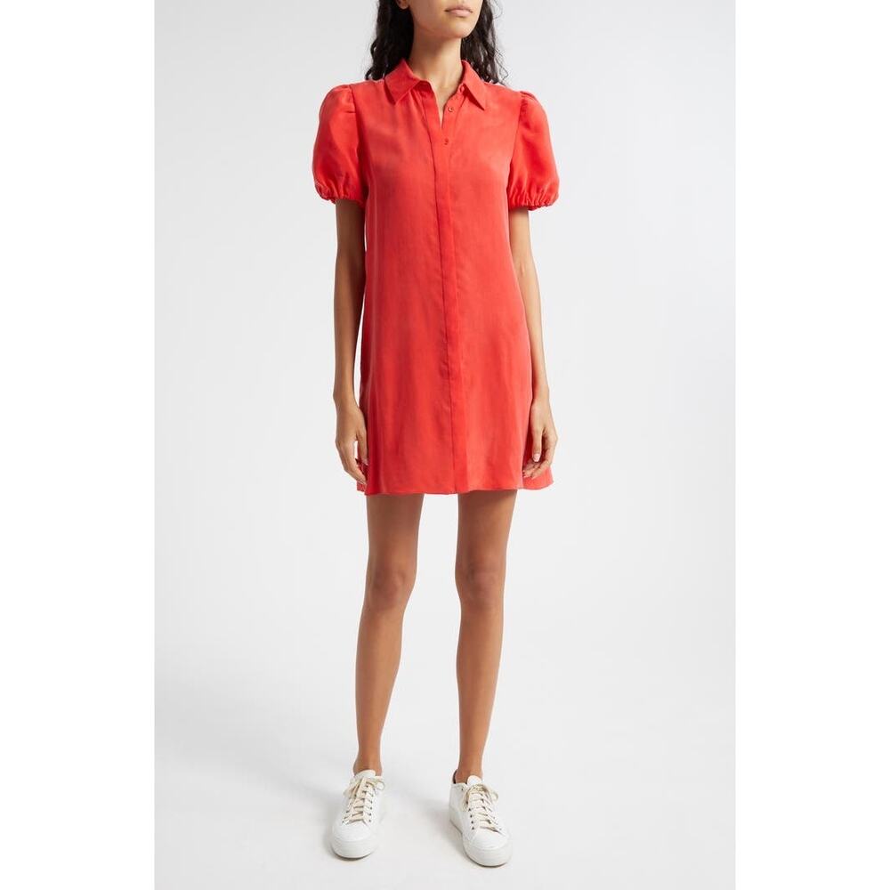 New Alice + Olivia Bright Poppy Red Jem Puff Sleeve Shirt Mini Dress Size Small